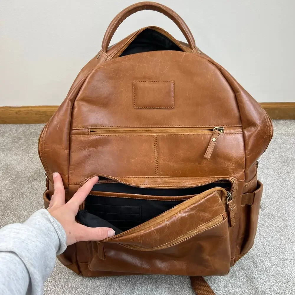Genuine Leather Laptop Travel Backpack with Trolley Strap for Suitcase